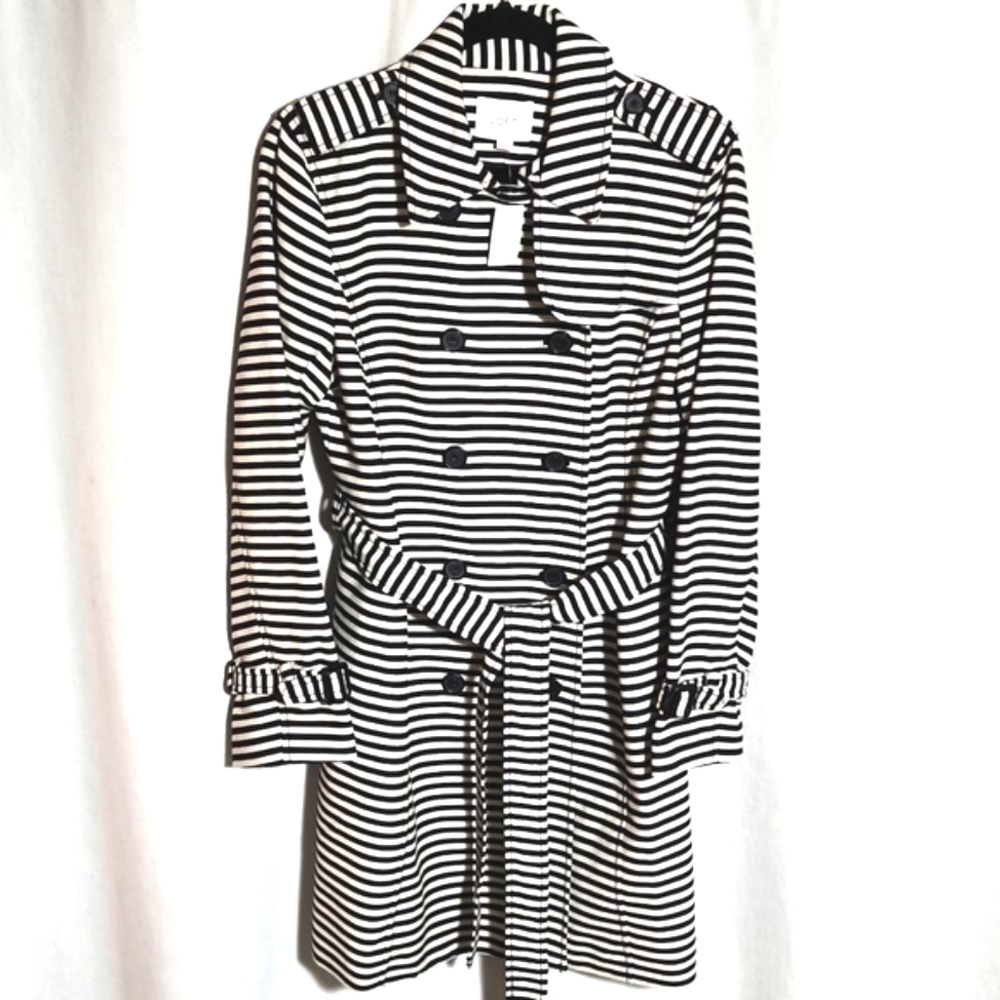 Striped Black & White Trench Coat with Belt